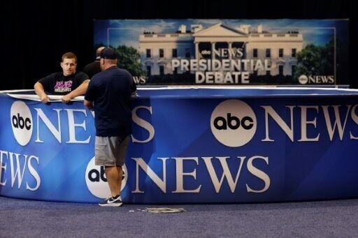 ABC News signage is installed in the Pennsylvania Convention Center for the debate between Kamala Harris and Donald Trump